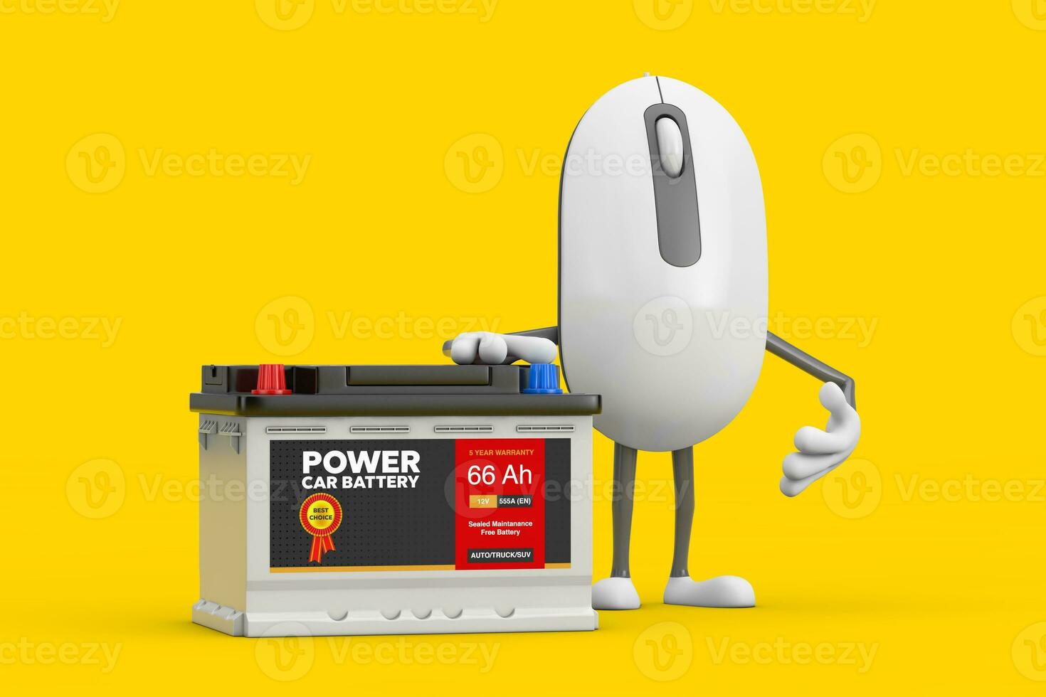 Computer Mouse Cartoon Person Character Mascot and Rechargeable Car Battery 12V Accumulator with Abstract Label. 3d Rendering photo