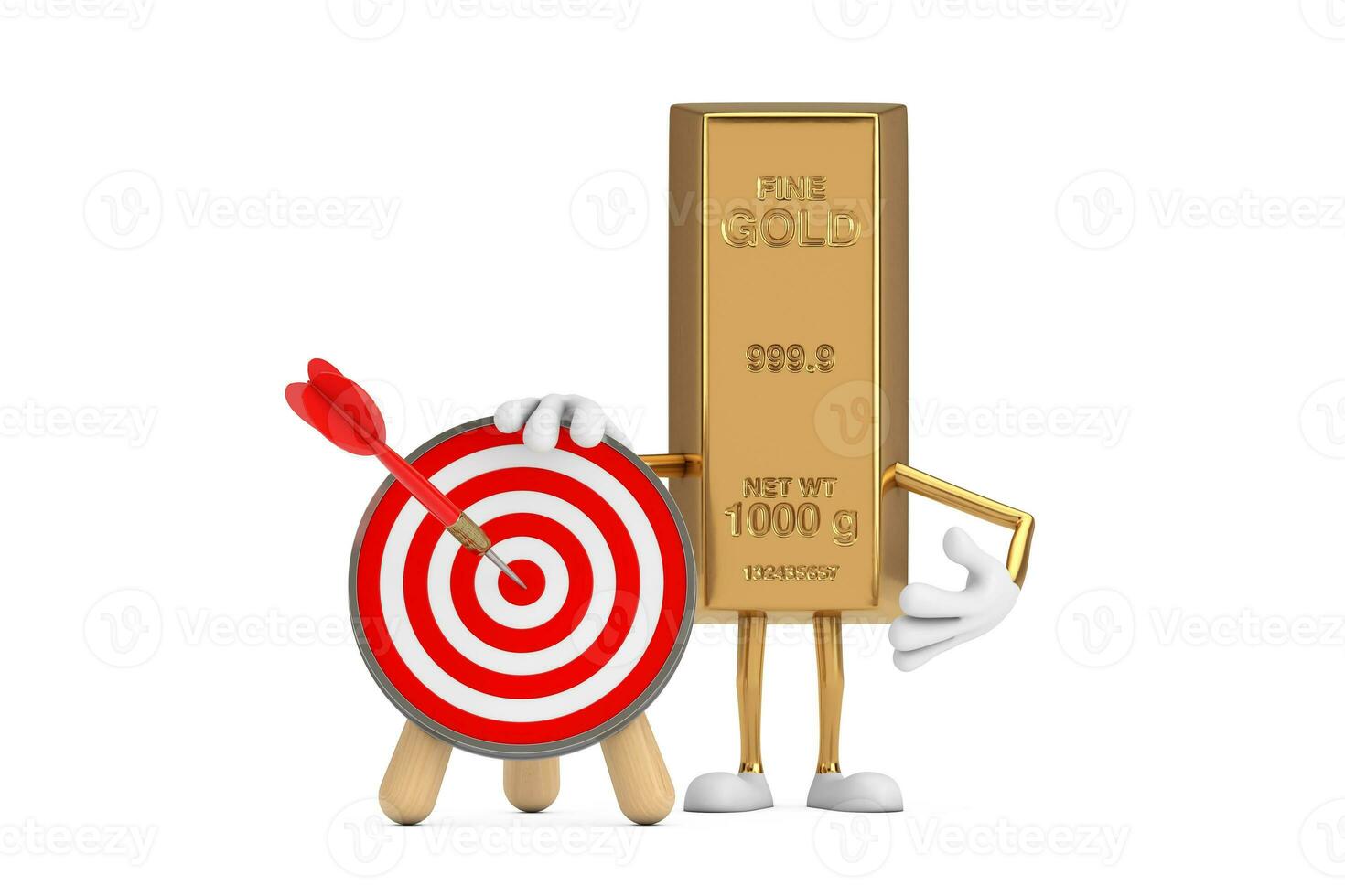 Golden Bar Cartoon Person Character Mascot with Archery Target and Dart in Center. 3d Rendering photo