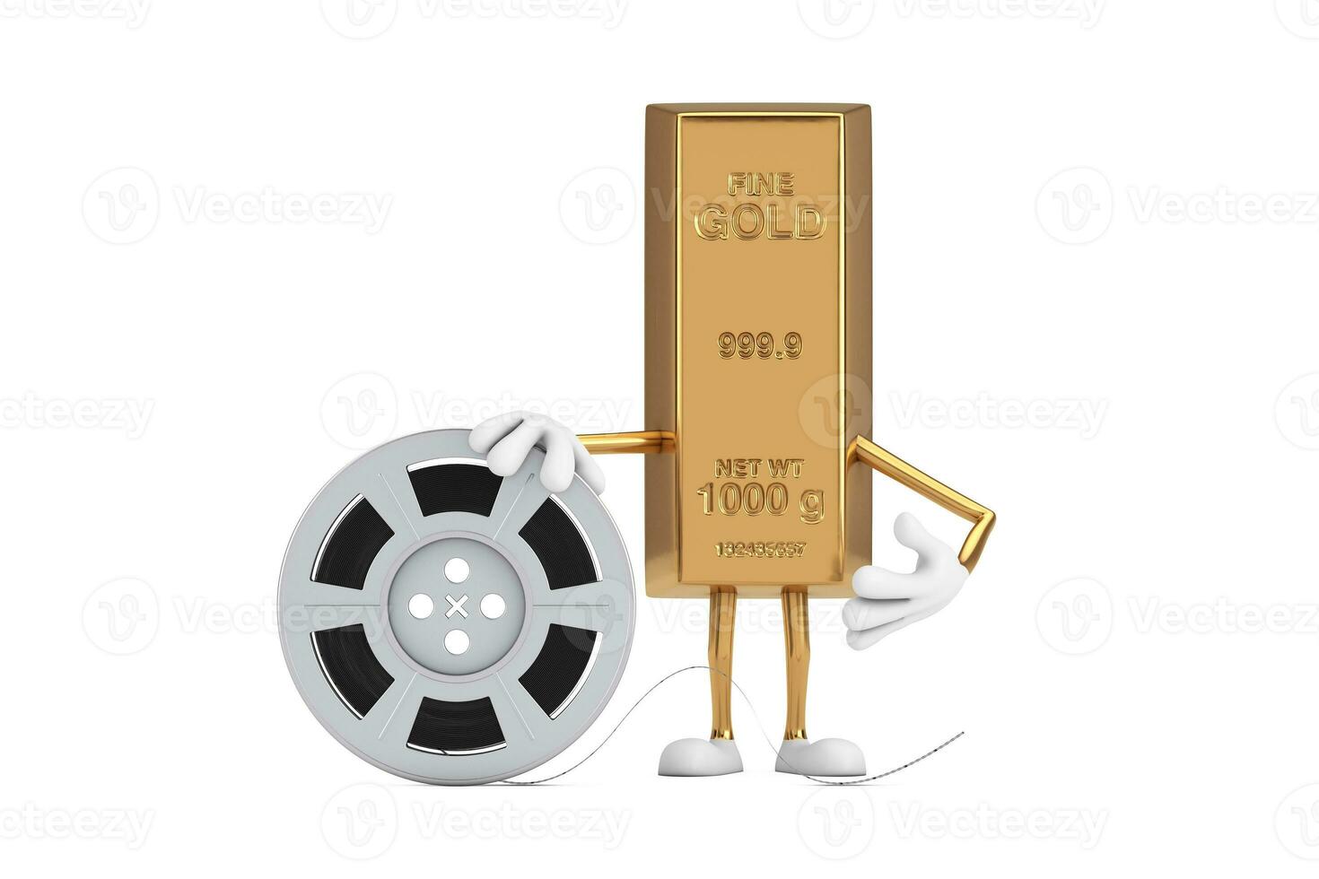 Golden Bar Cartoon Person Character Mascot with Film Reel Cinema Tape. 3d Rendering photo