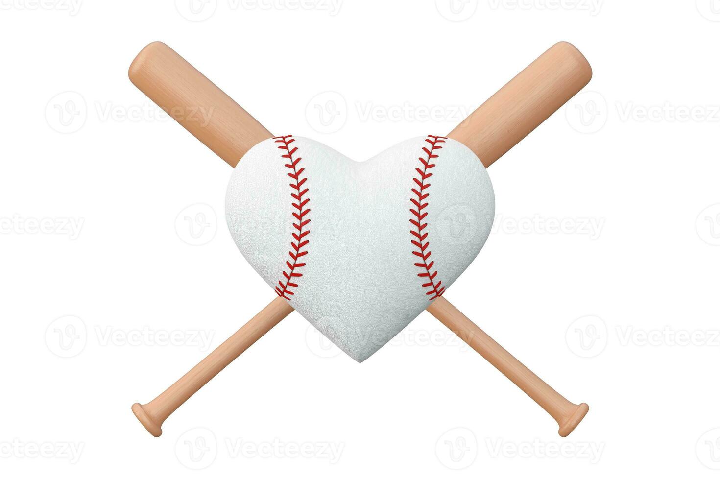 White Baseball Ball in Shape of Heart and Wooden Bat. 3d Rendering photo