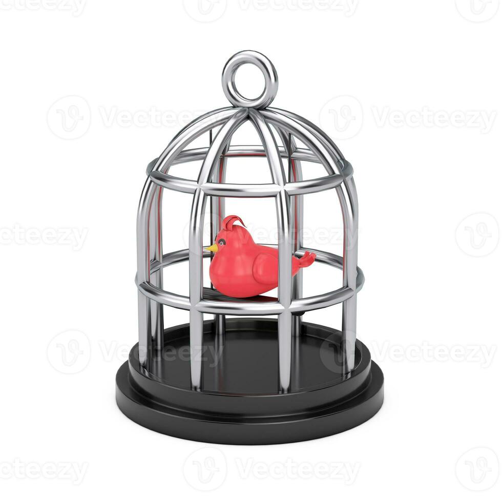 Abstract Cartoon Chrome CAge with Red Bird Web Icon Sign. 3d Rendering photo