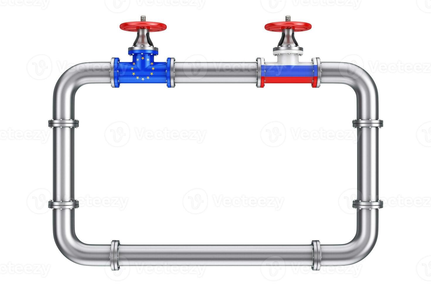 The Gas Pipeline with Valves and Flags of European Union and Russia with Free Space for Your Design. 3d Rendering photo