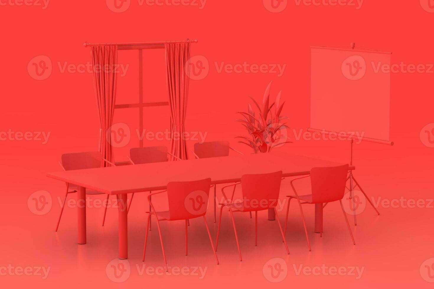 Red Monochrome Duotone Office Meetroom Modern Interior with Window, Table, Chairs and Projection Screen. 3d Rendering photo