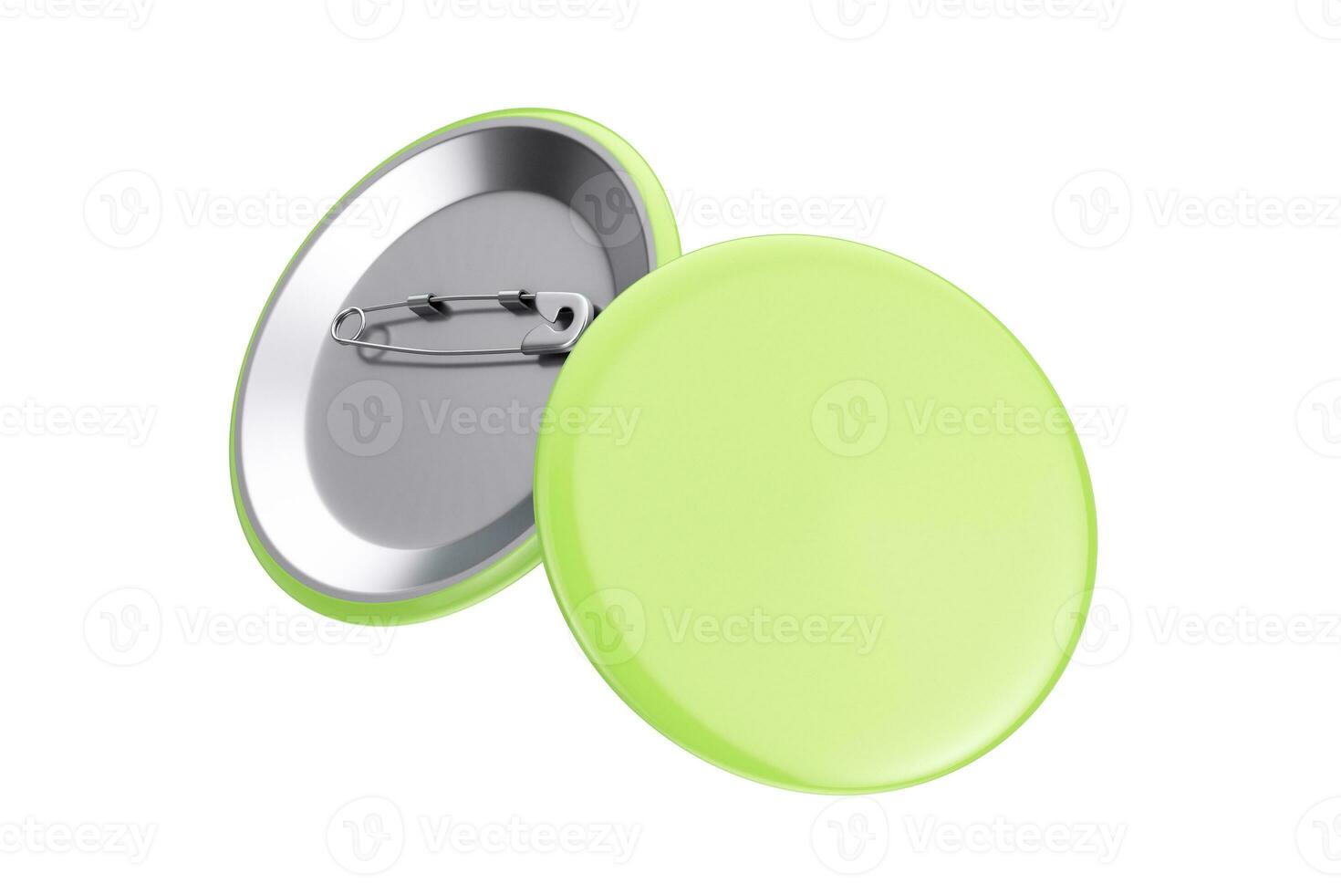 Front and Back View of Green Button Badges Mockup. 3d Rendering photo