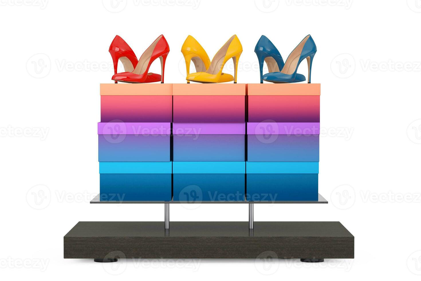 Store Product Display Showcase Rack Shelves with Woman Shoe Boxes and High Heels Wooman Shooes. 3d Rendering photo