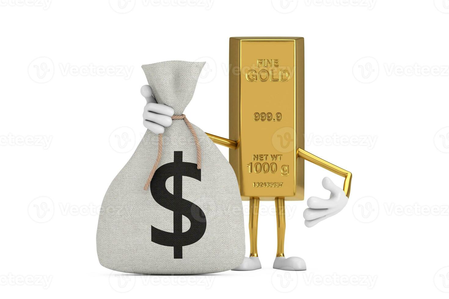 Golden Bar Cartoon Person Character Mascot and Tied Rustic Canvas Linen Money Sack or Money Bag with Dollar Sign. 3d Rendering photo