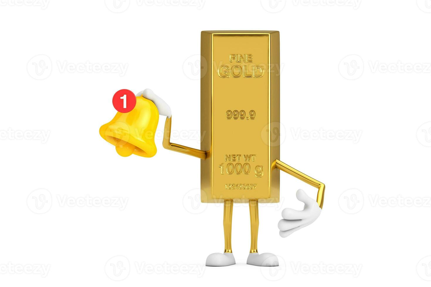 Golden Bar Cartoon Person Character Mascot witn Cartoon Social Media Notification Bell and New Message Icon. 3d Rendering photo