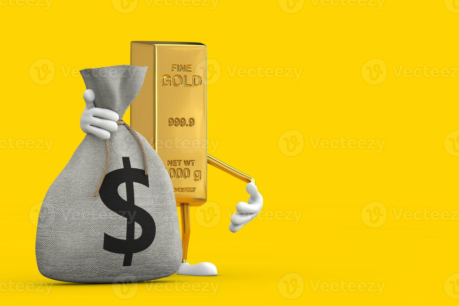 Golden Bar Cartoon Person Character Mascot and Tied Rustic Canvas Linen Money Sack or Money Bag with Dollar Sign. 3d Rendering photo