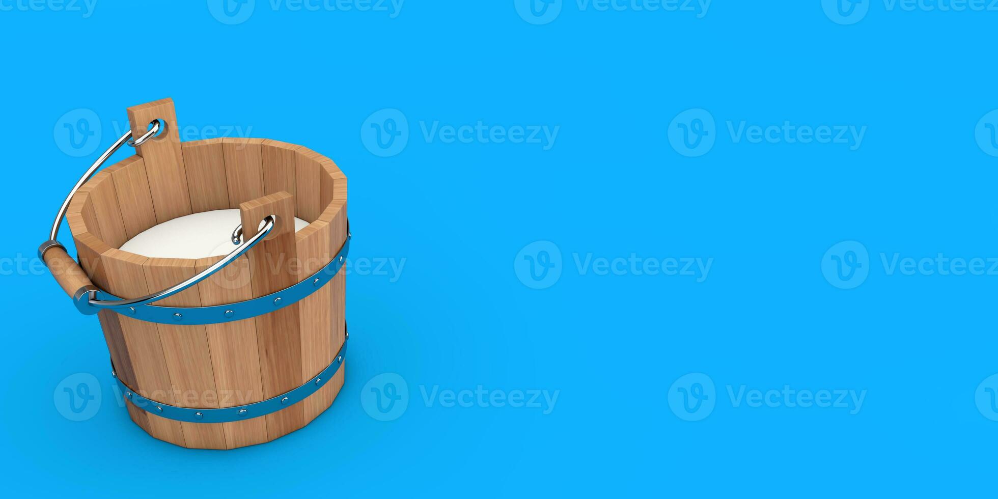 Wooden Bucket Filled with Fresh Milk. 3d Rendering photo