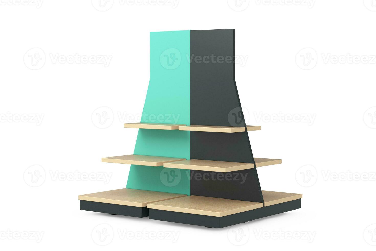 Empty Wooden Store Product Display Showcase Rack Shelves. 3d Rendering photo