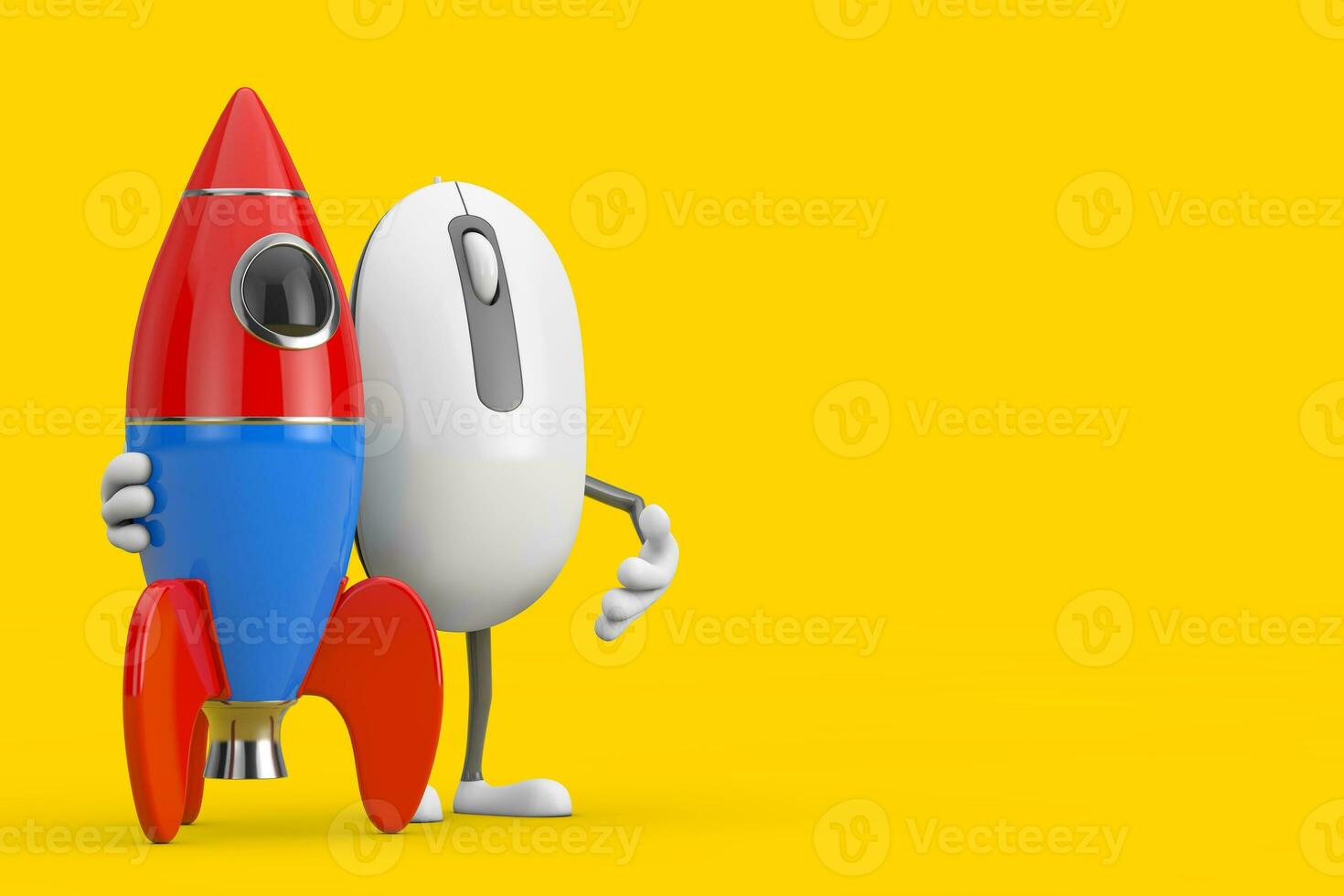 computadora ratón dibujos animados persona personaje mascota con dibujos animados juguete cohete. 3d representación foto