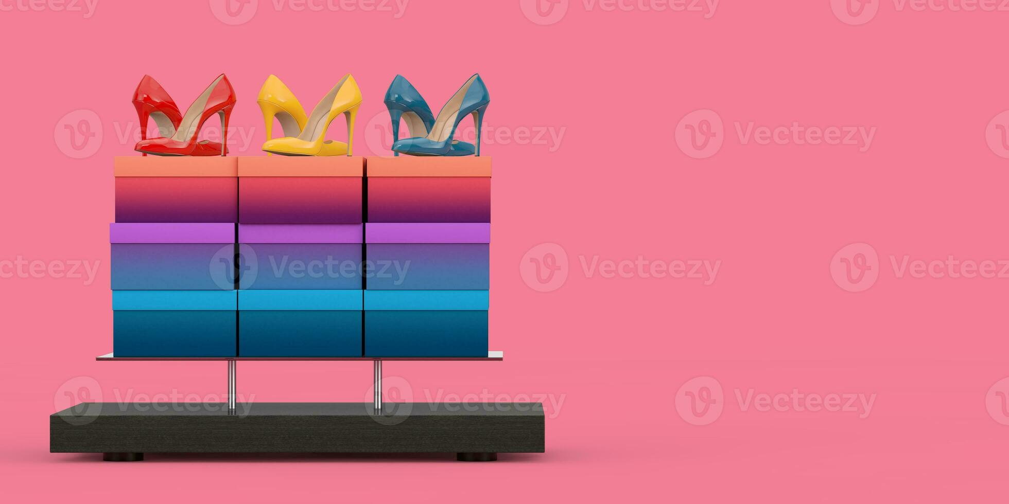 Store Product Display Showcase Rack Shelves with Woman Shoe Boxes and High Heels Wooman Shooes. 3d Rendering photo