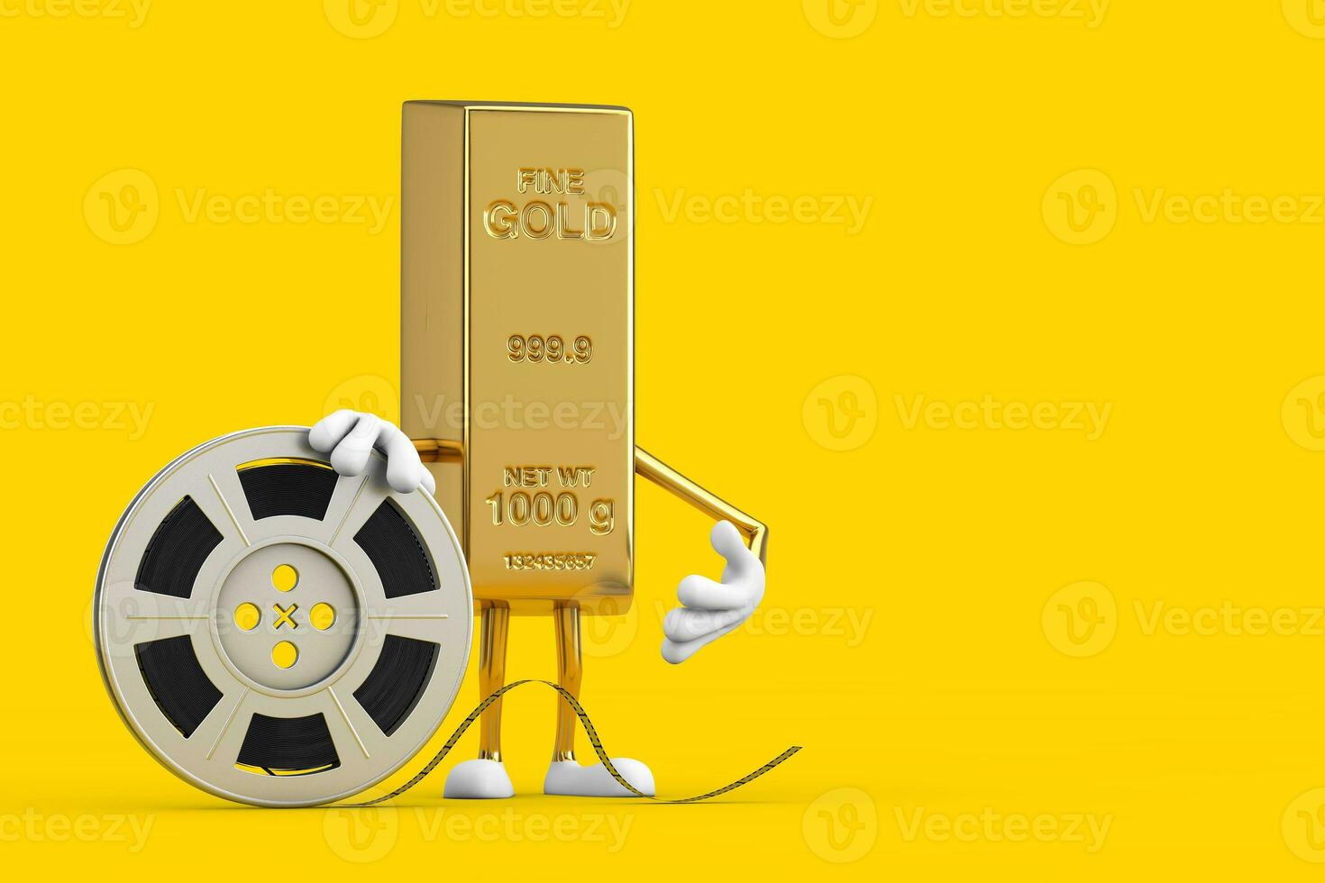 dorado bar dibujos animados persona personaje mascota con película carrete cine cinta. 3d representación foto