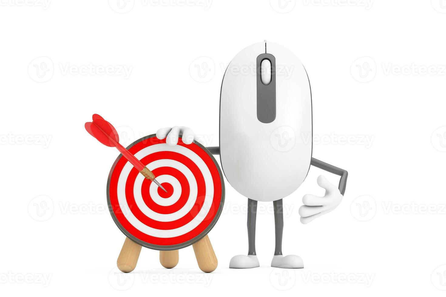 computadora ratón dibujos animados persona personaje mascota con tiro al arco objetivo y dardo en centro. 3d representación foto