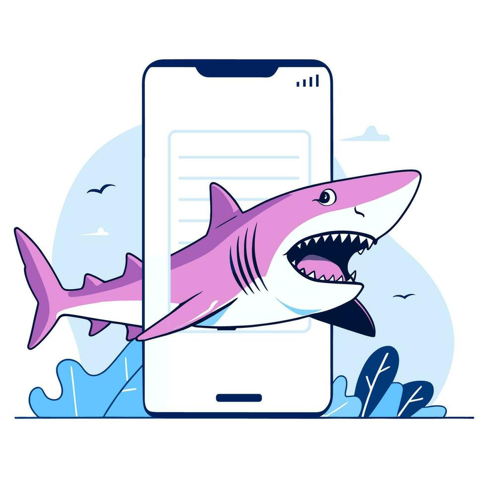 Cartoon shark getting out of a mobile phone, flat vector illustration.