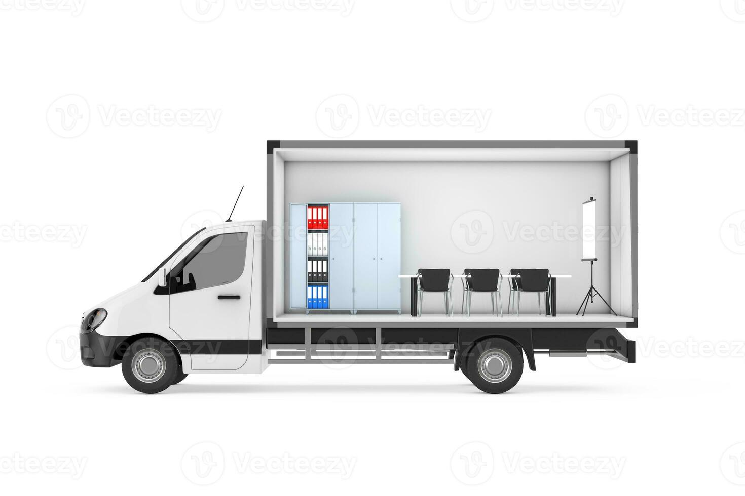 Office Interior Objects in Freight Compartment of Cargo Van Minibus. 3d Rendering photo