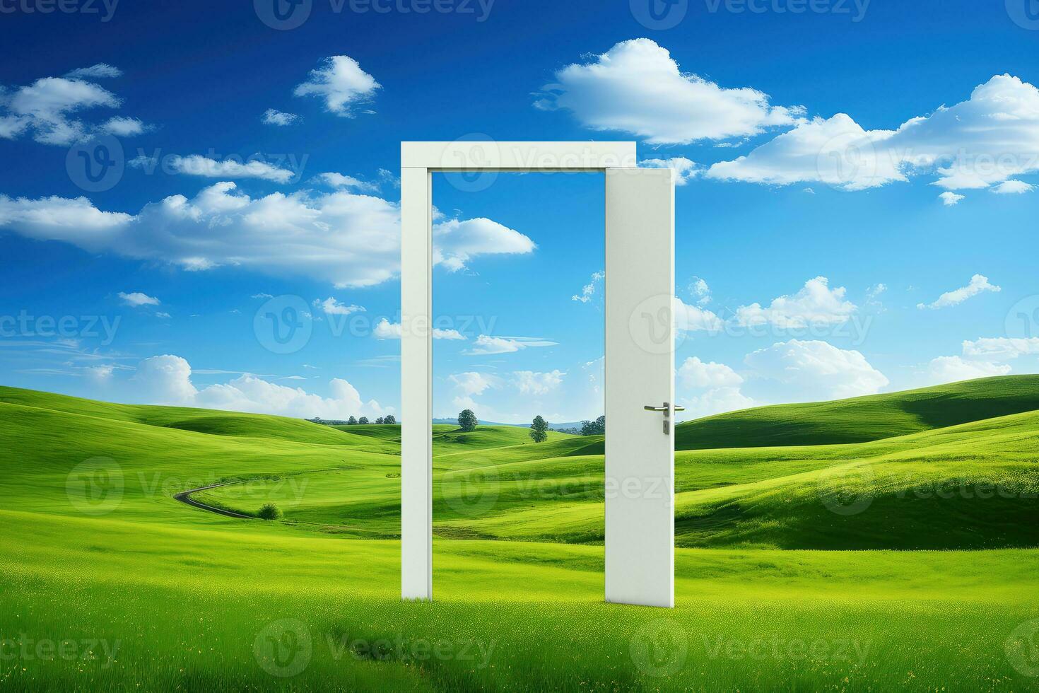 Opened Door with No Entry Sign on a Grass Covered Hill. 3d Rendering photo