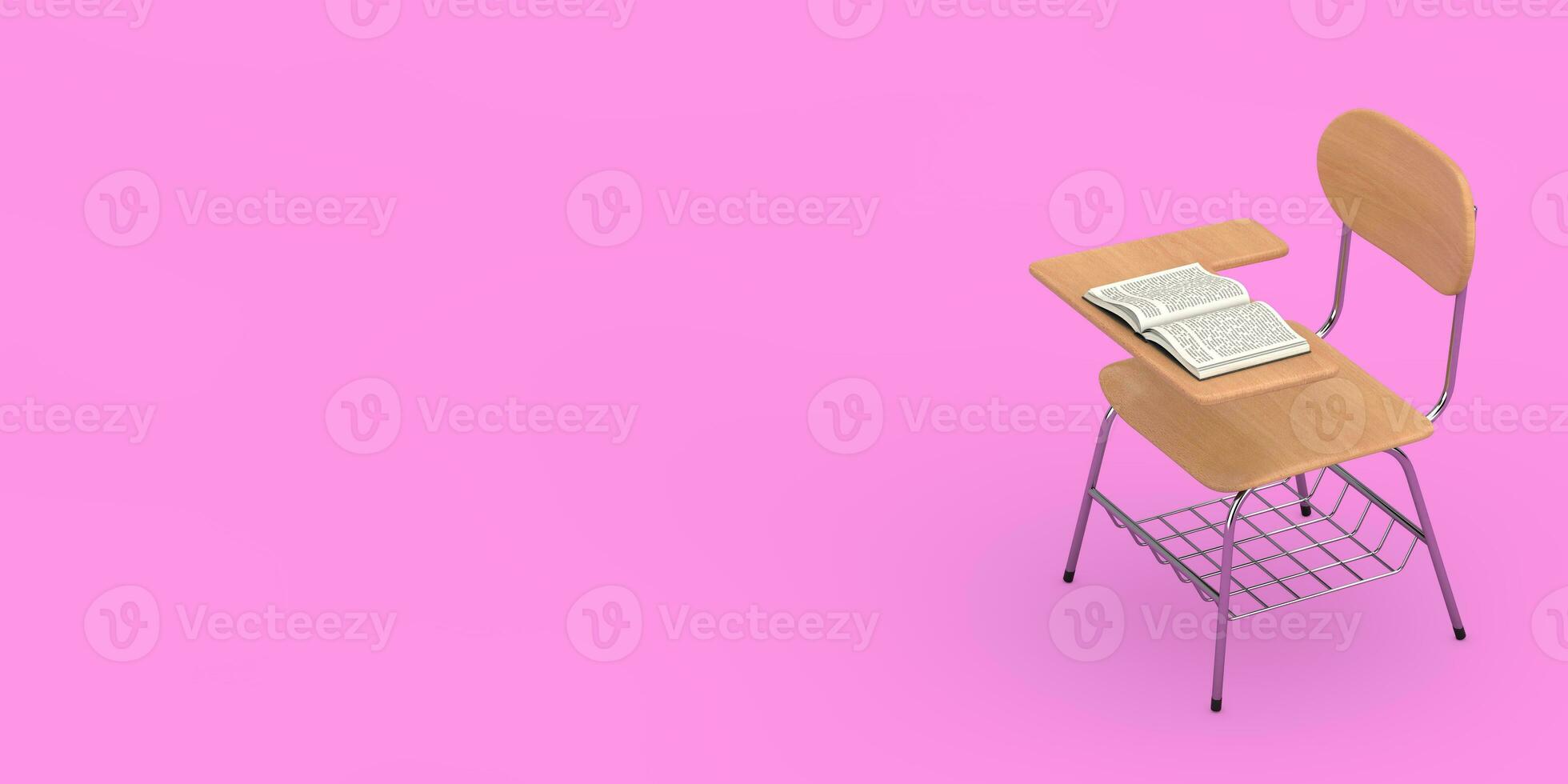 Opened Book over Wooden Lecture School or College Desk Table with Chair. 3d Rendering photo