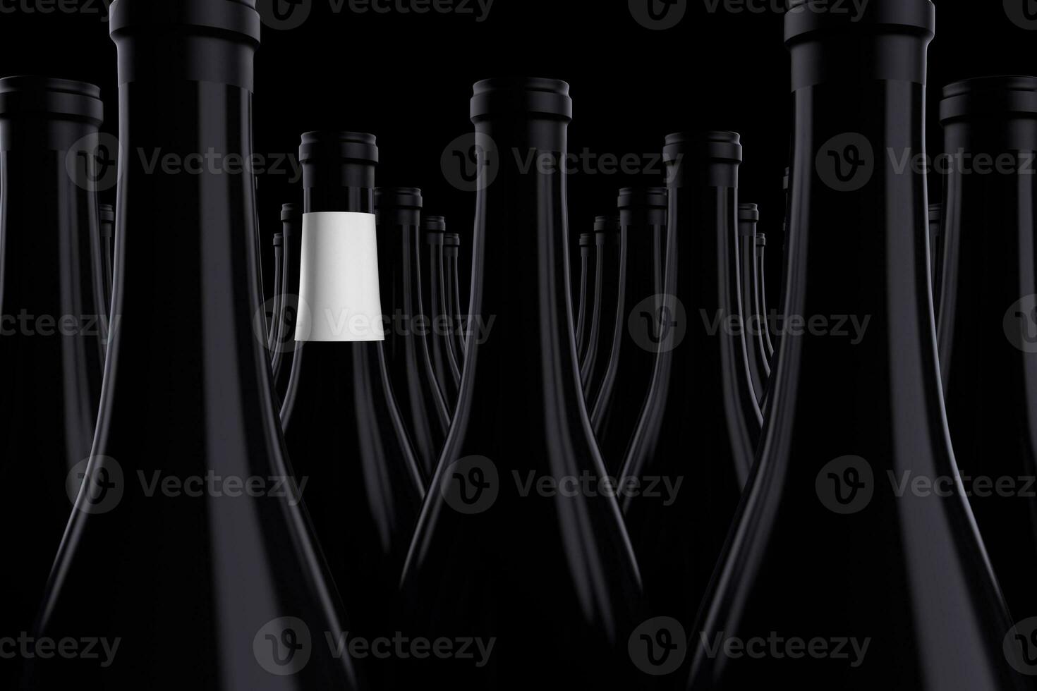 Row of Black Wine Bottles, One with a Blank White Label for Your Design. 3d Rendering photo