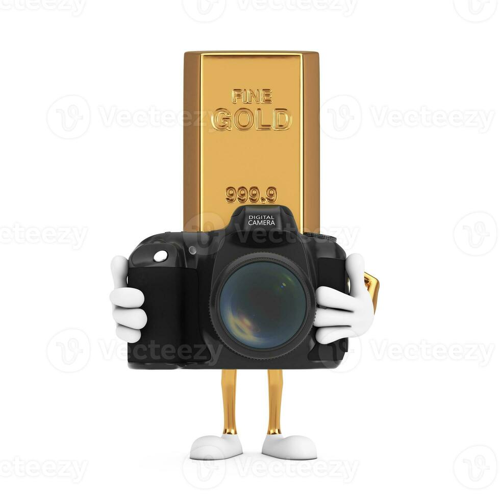 Golden Bar Cartoon Person Character Mascot with Modern Digital Photo Camera. 3d Rendering