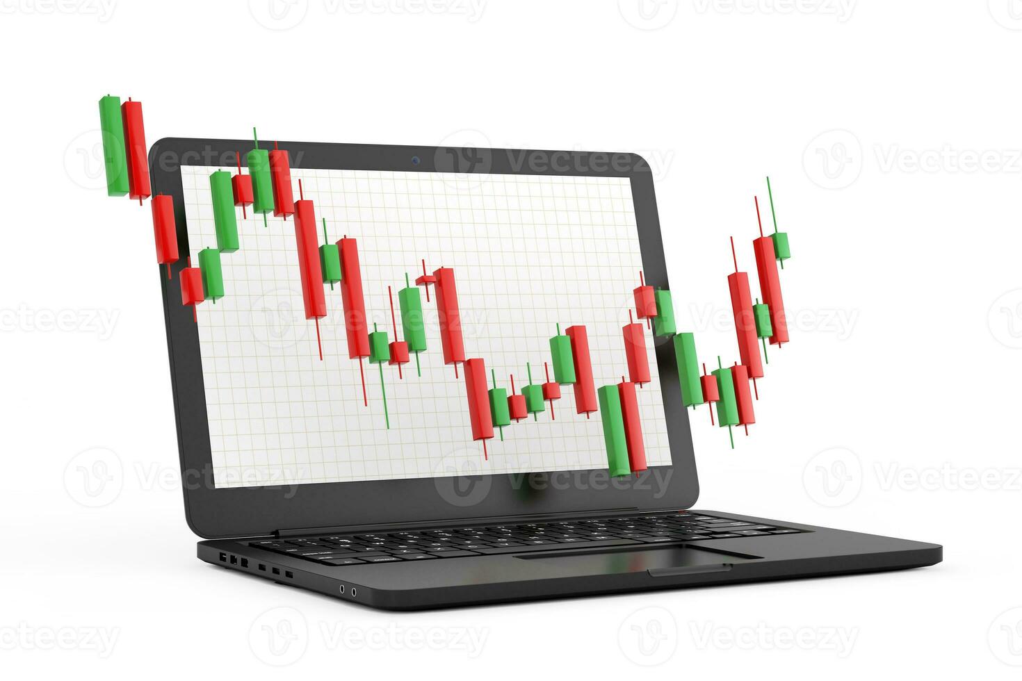 Green and Red Trading Financial Candlesticks Pattern Chart in Front of Modern Laptop Notebook Computer. 3d Rendering photo