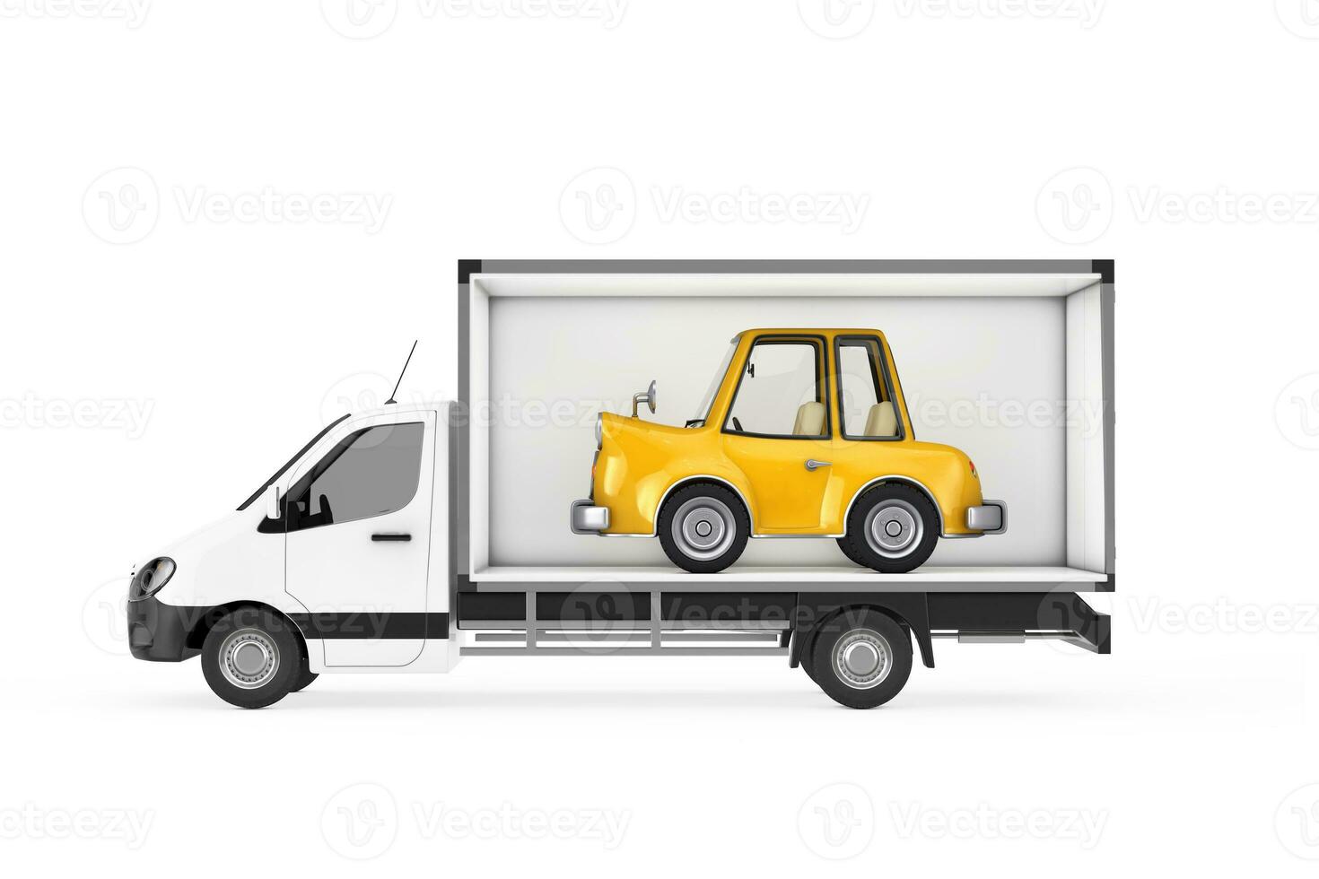 amarillo dibujos animados coche en carga compartimiento de carga camioneta microbús. 3d representación foto