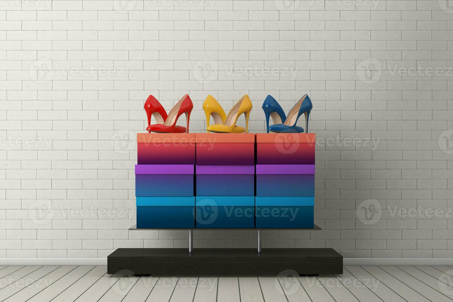 Store Product Display Showcase Rack Shelves with Woman Shoe Boxes and High Heels Wooman Shooes in front of Wall. 3d Rendering photo