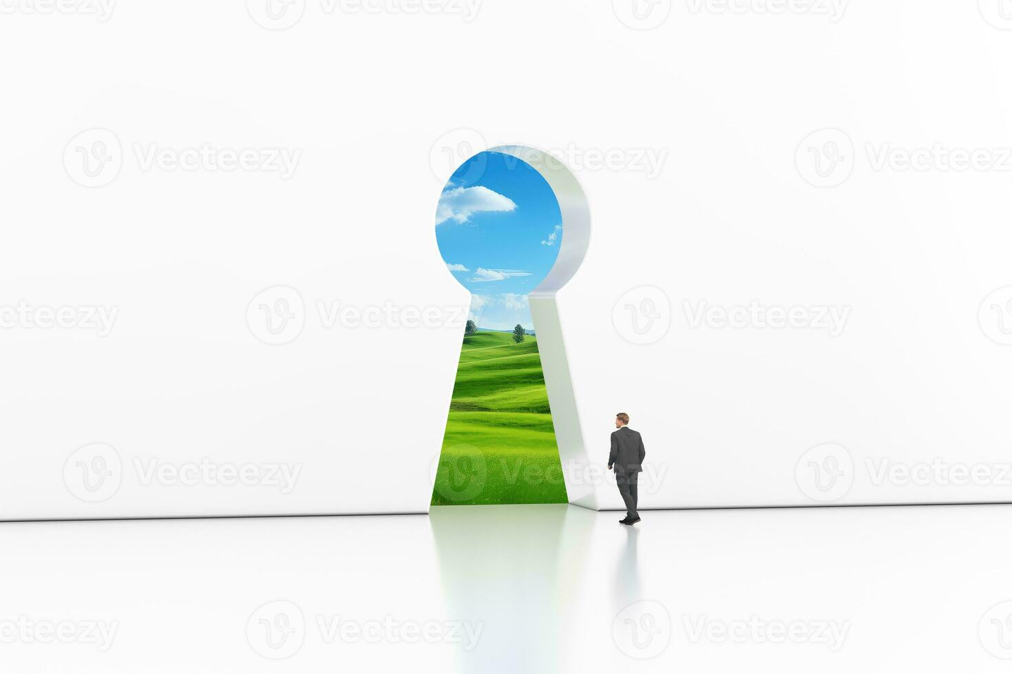 Dreams, Success, Opportunity and Career Concept. Back View of Businessman Walking in Keyhole Window with Green Landscape. 3d Rendering photo