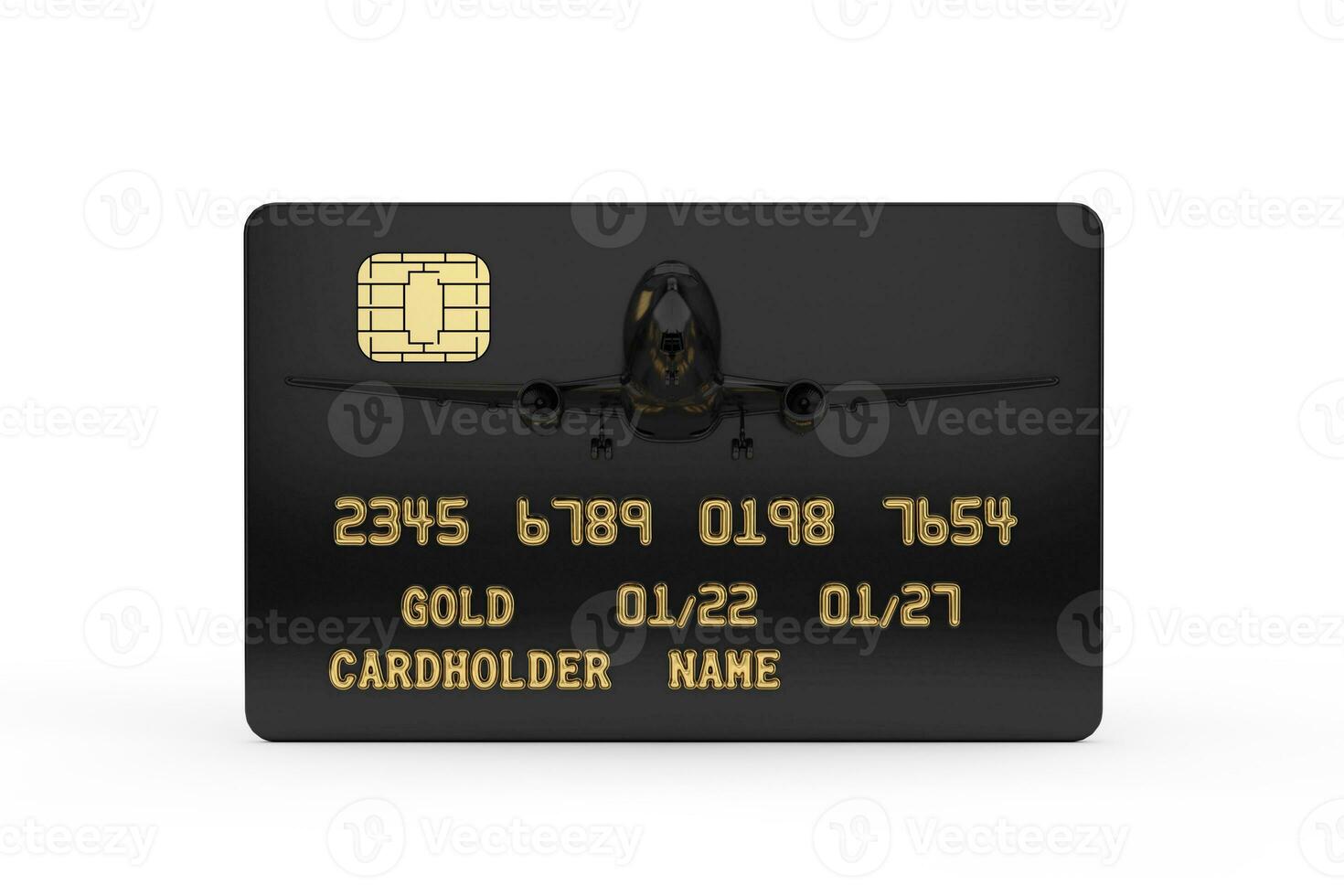 negro el plastico dorado crédito tarjeta con chip y chorro avión. 3d representación foto
