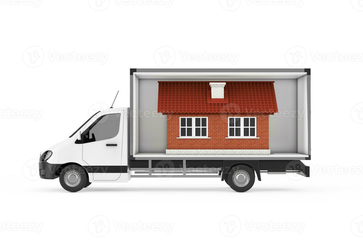 Family House Cottage Building in Freight Compartment of Cargo Van Minibus. 3d Rendering photo