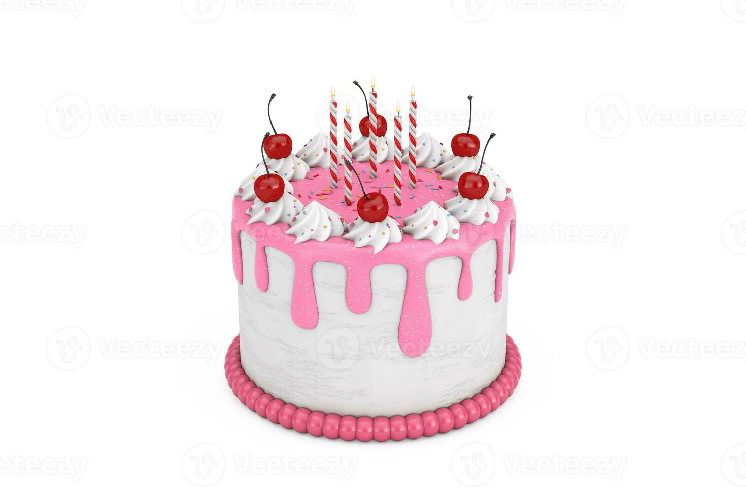 Abstract Birthday Cartoon Dessert Cherry Cake with Candles. 3d Rendering photo