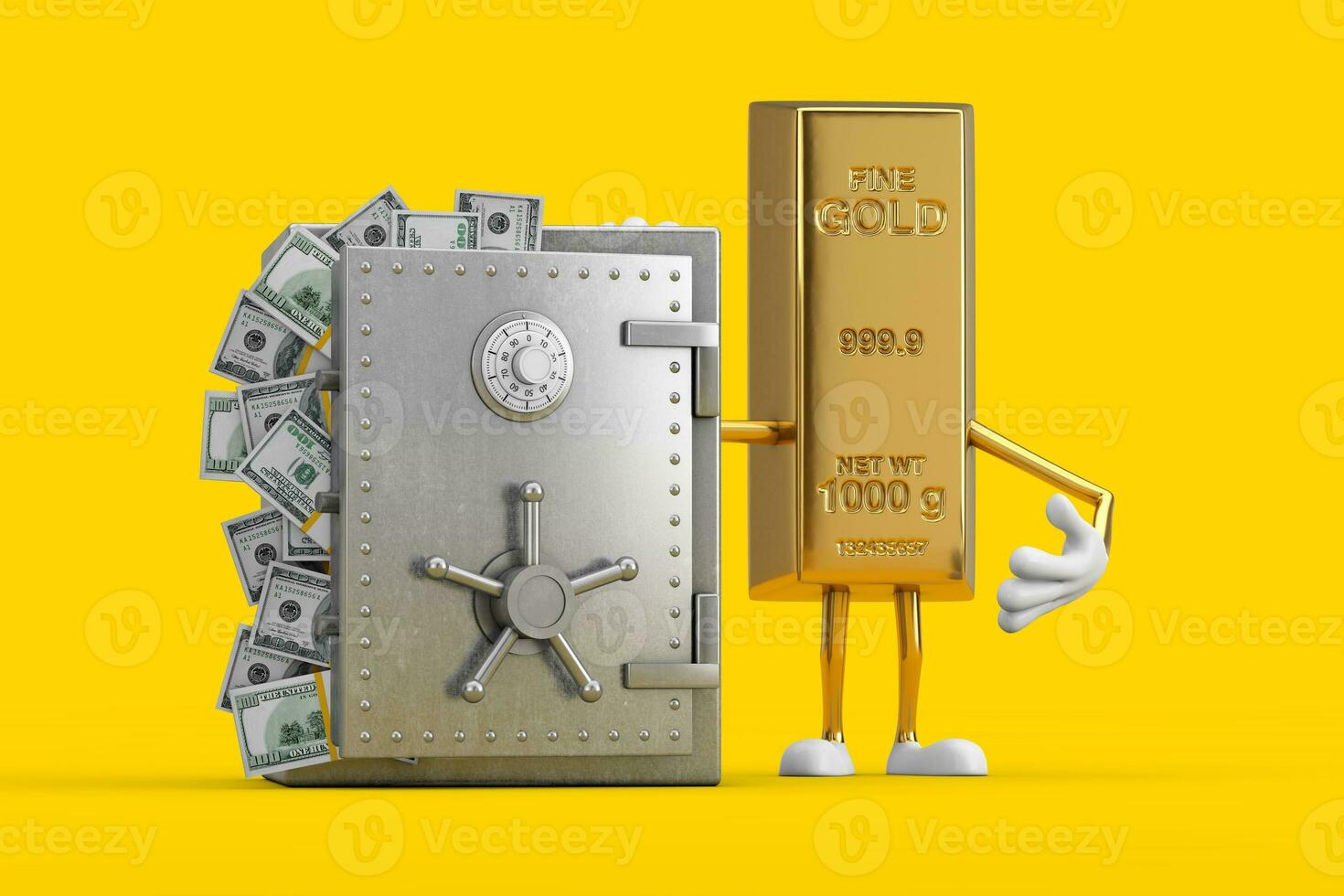 Golden Bar Cartoon Person Character Mascot with Vault or Safe Box Full of Dollar Bills. 3d Rendering photo
