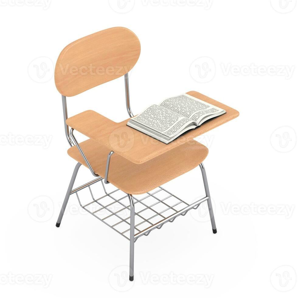 Opened Book over Wooden Lecture School or College Desk Table with Chair. 3d Rendering photo