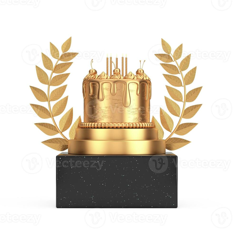 Winner Award Cube Gold Laurel Wreath Podium, Stage or Pedestal with Golden Abstract Birthday Cartoon Dessert Cherry Cake and Candles. 3d Rendering photo