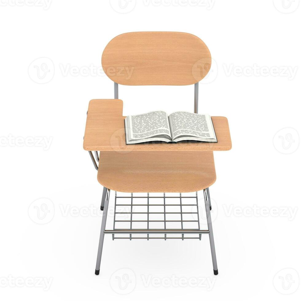 Opened Book over Wooden Lecture School or College Desk Table with Chair. 3d Rendering photo