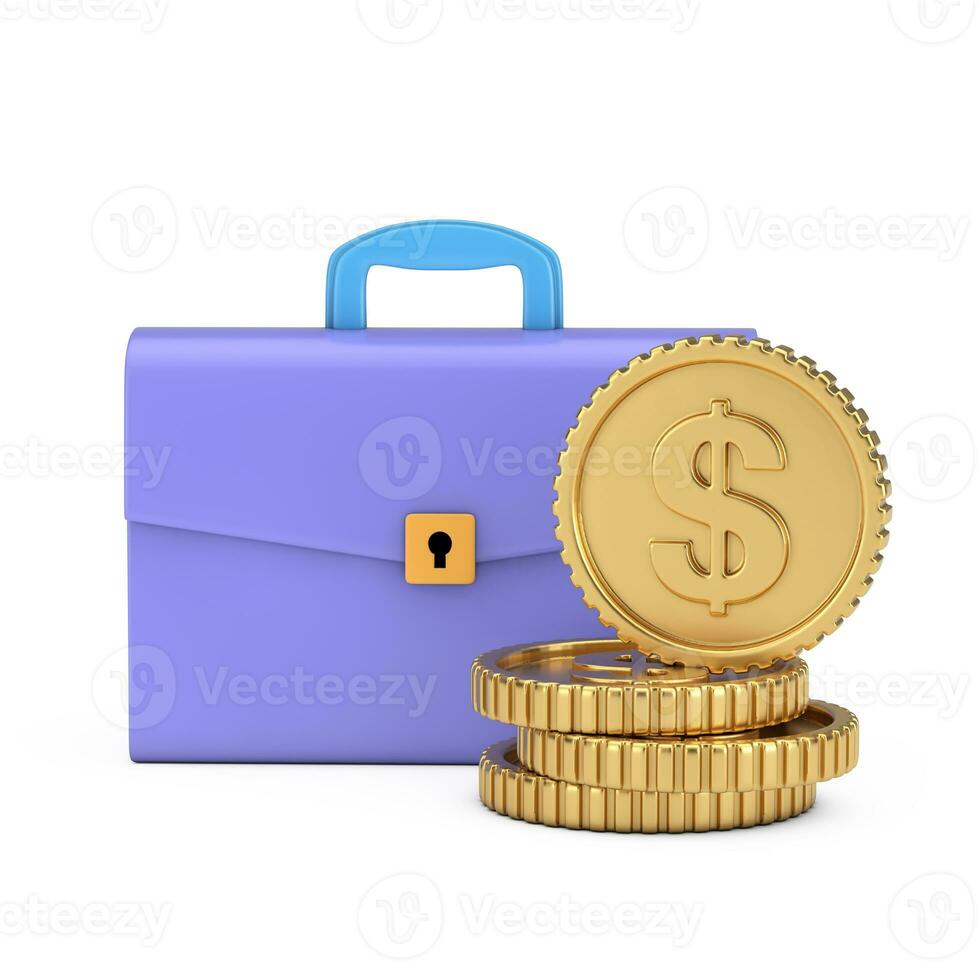 Cartoon Icon Briefcase or Schoolbag with Dollar Golden Coins. 3d Rendering photo