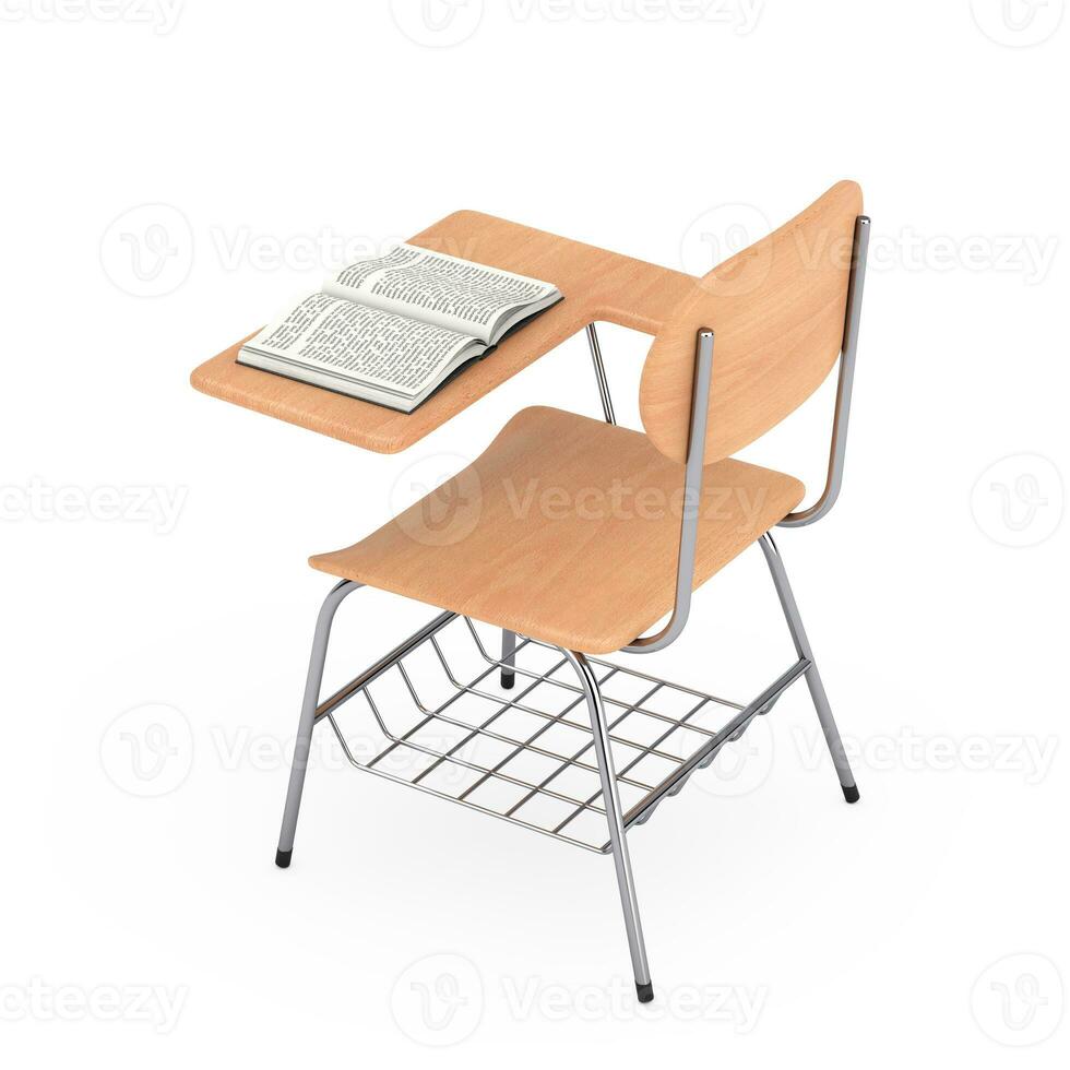 Opened Book over Wooden Lecture School or College Desk Table with Chair. 3d Rendering photo