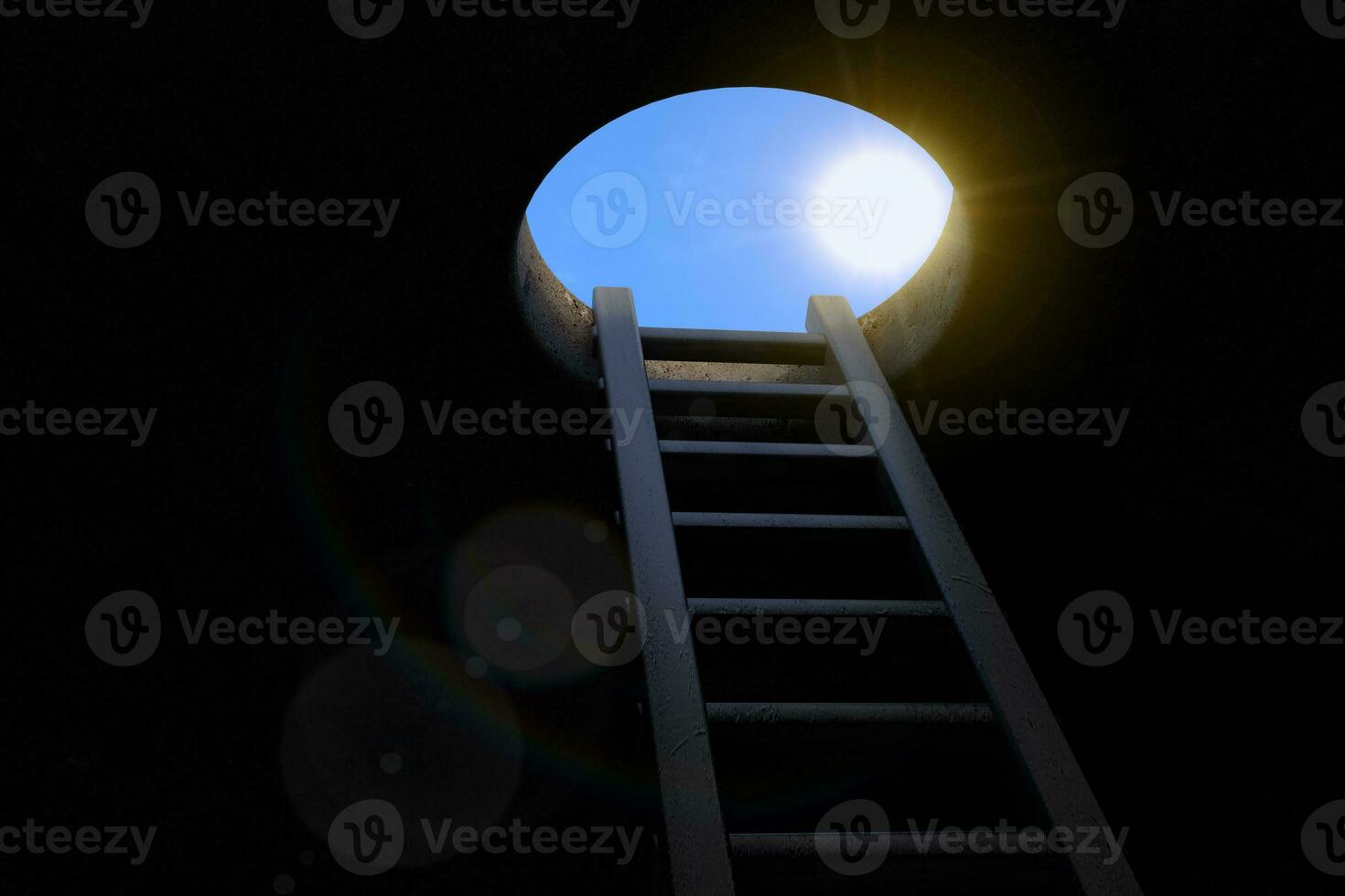 Freedom Concept. Ladder. View from the Underground to the Ladder and Through the Manhole with Sun. 3d Rendering photo