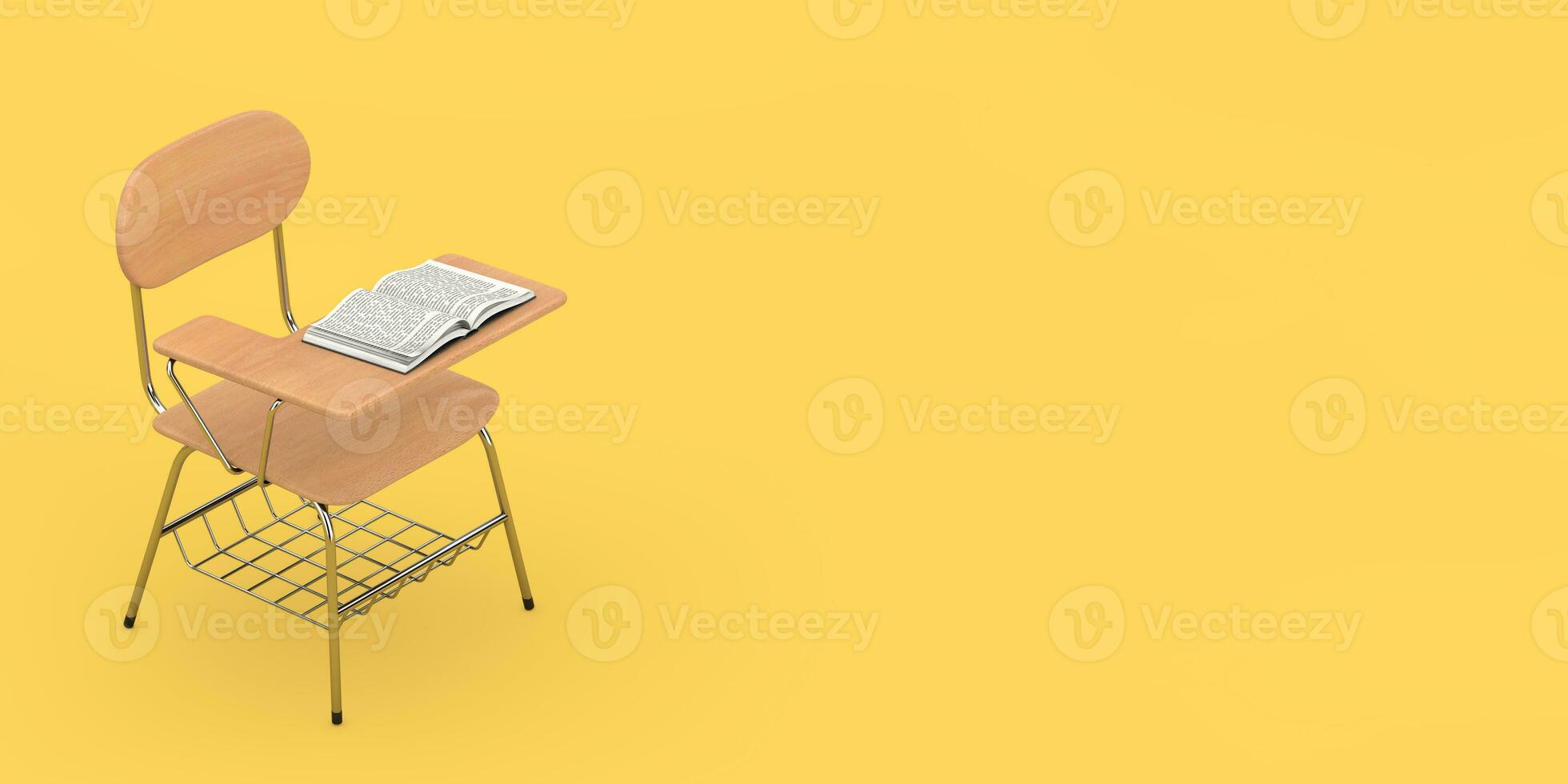 Opened Book over Wooden Lecture School or College Desk Table with Chair. 3d Rendering photo