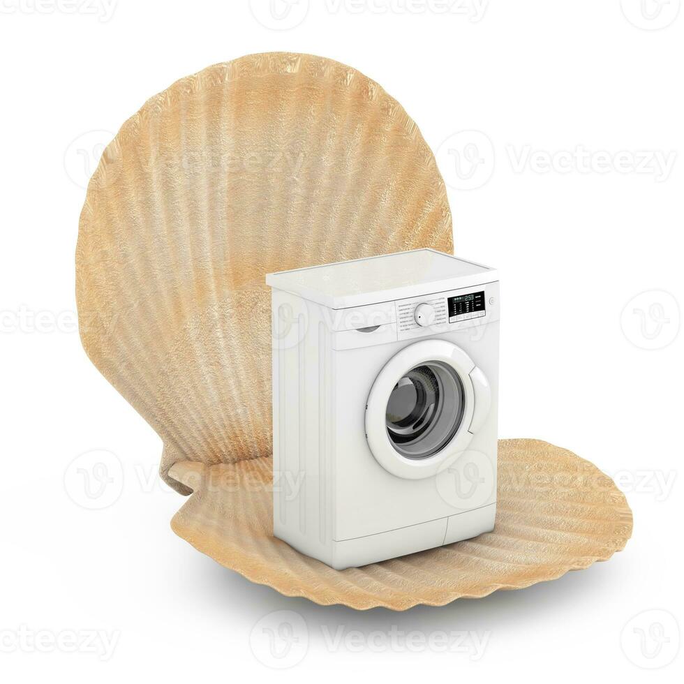 Abstract Modern Fashion Elegant Washing Machine in Beauty Scallop Sea or Ocean Shell Seashell. 3d Rendering photo