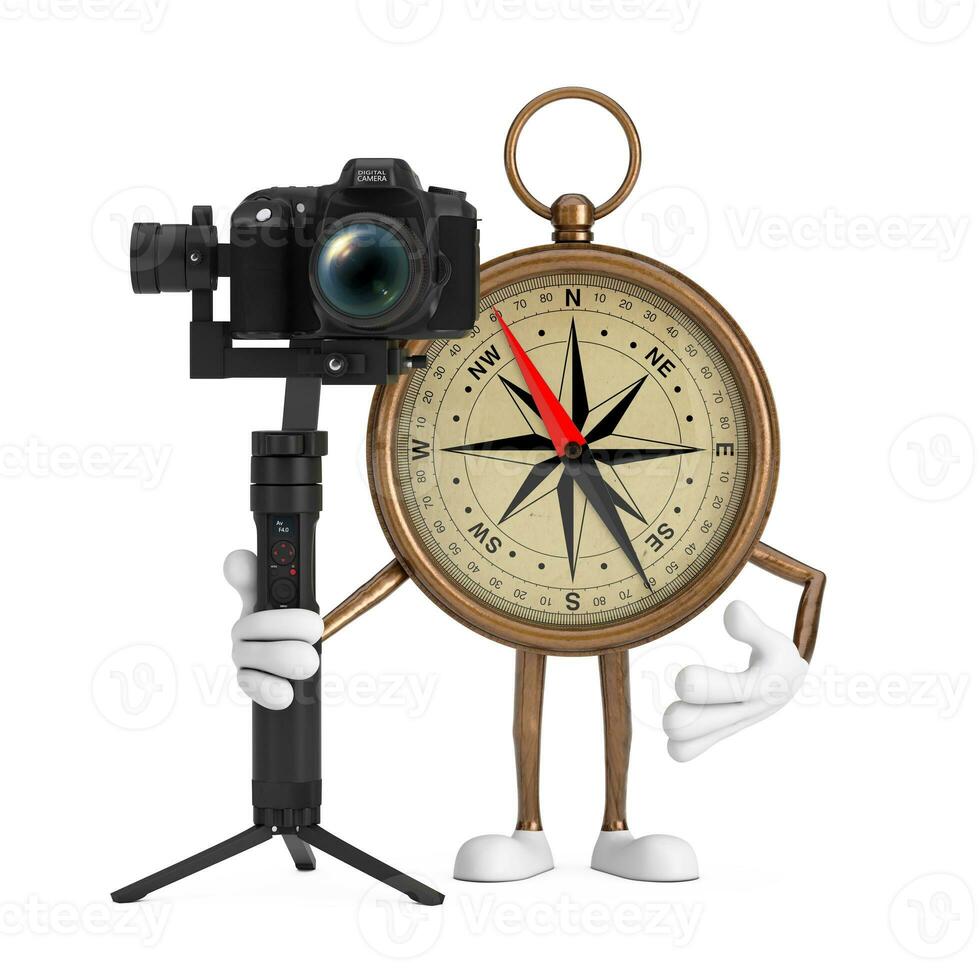 Antique Vintage Brass Compass Cartoon Person Character Mascot with DSLR or Video Camera Gimbal Stabilization Tripod System. 3d Rendering photo