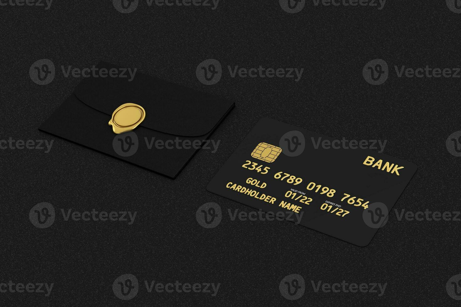 Black Plastic Golden Credit Card with Chip and Credit Card Package Envelope. 3d Rendering photo