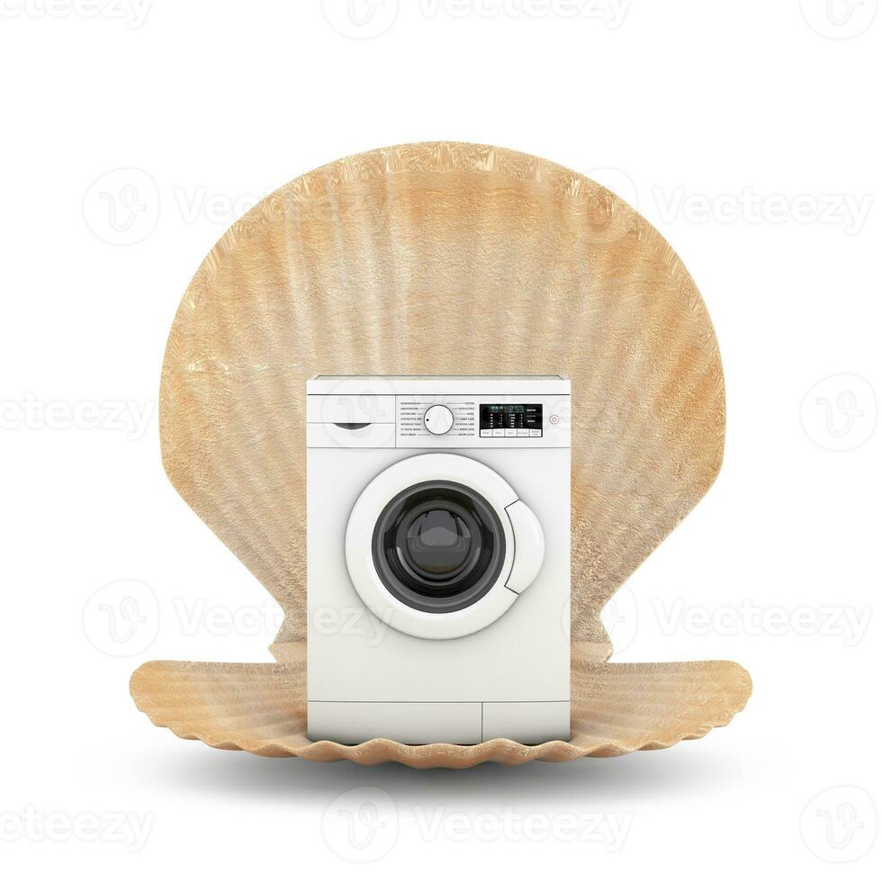 Abstract Modern Fashion Elegant Washing Machine in Beauty Scallop Sea or Ocean Shell Seashell. 3d Rendering photo