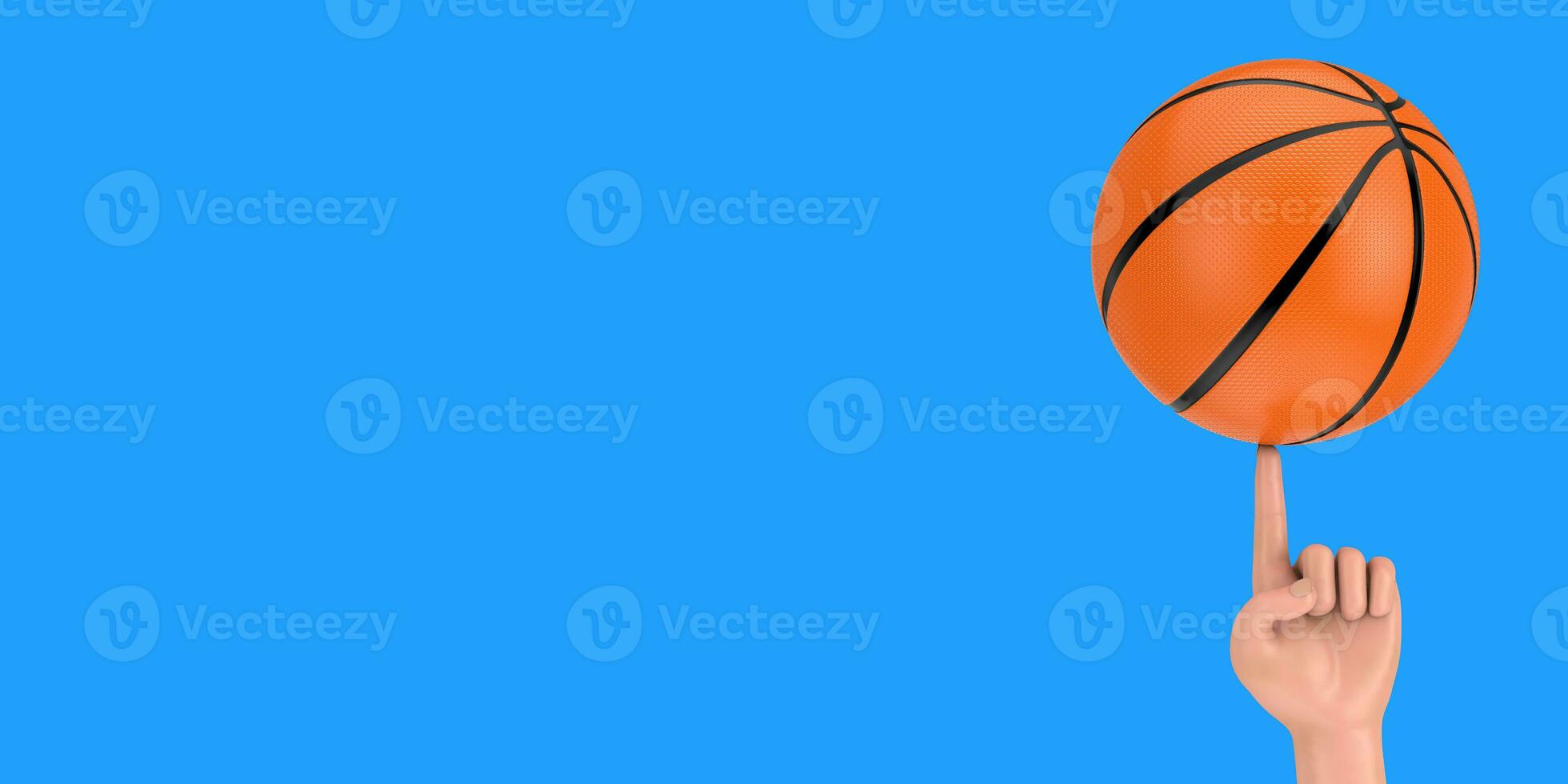 baloncesto pelota hilado en un dibujos animados mano dedo. 3d representación foto