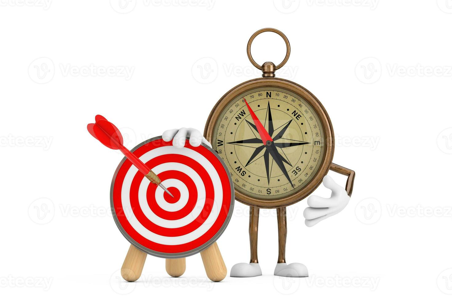 Antique Vintage Brass Compass Cartoon Person Character Mascot with Archery Target and Dart in Center. 3d Rendering photo