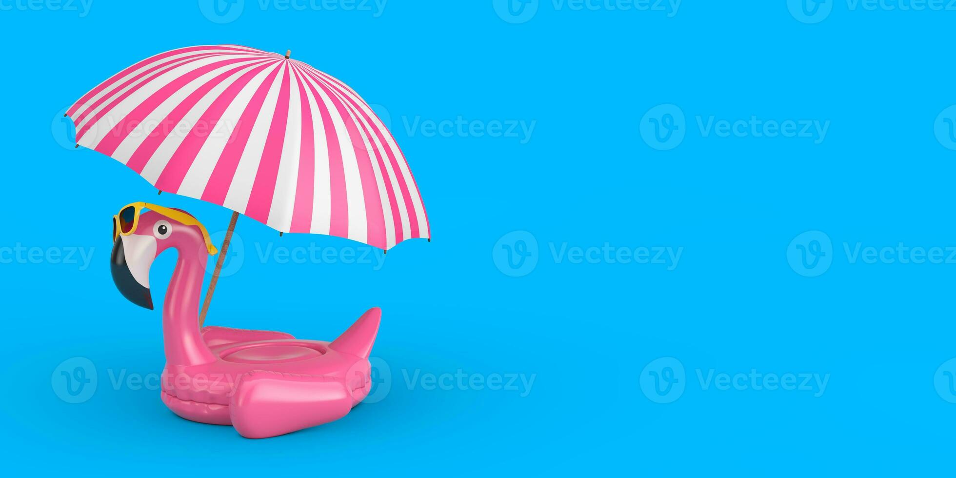 Summer Swimming Pool Inflantable Rubber Pink Flamingo Toy with Sunglasses and Beach Umbrella. 3d Rendering photo