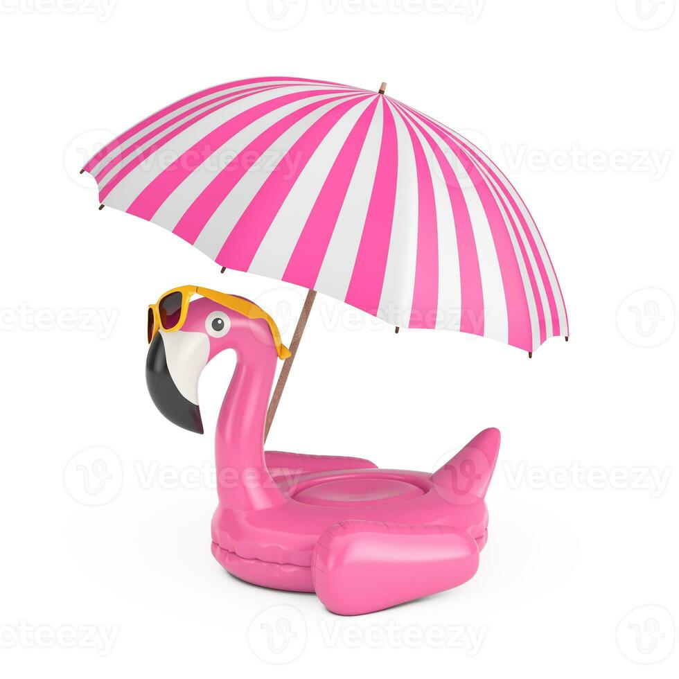 verano nadando piscina inflable caucho rosado flamenco juguete con Gafas de sol y playa sombrilla. 3d representación foto