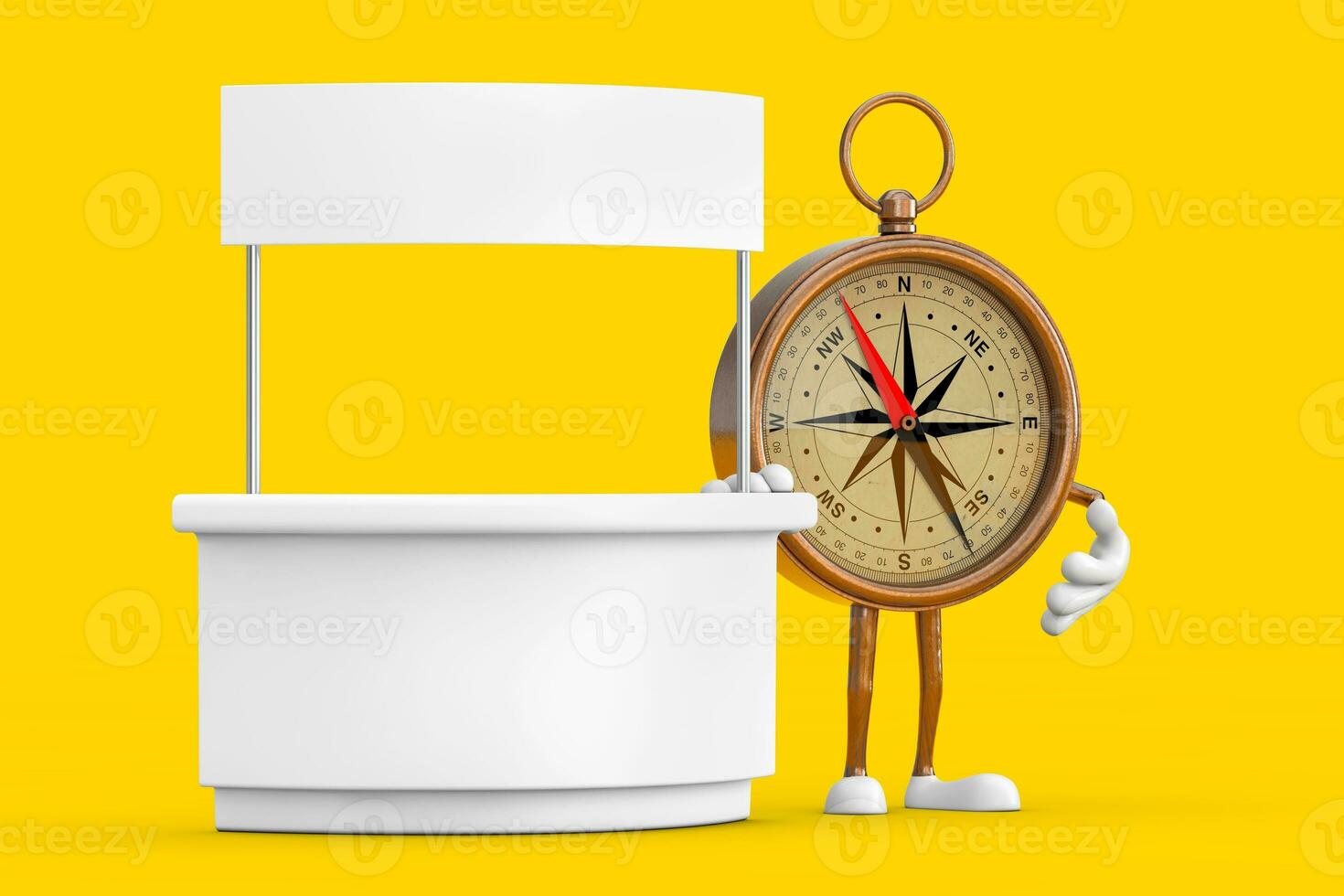 Antique Vintage Brass Compass Cartoon Person Character Mascot near Blank Promotion Stand with Free Space for Your Design. 3d Rendering photo
