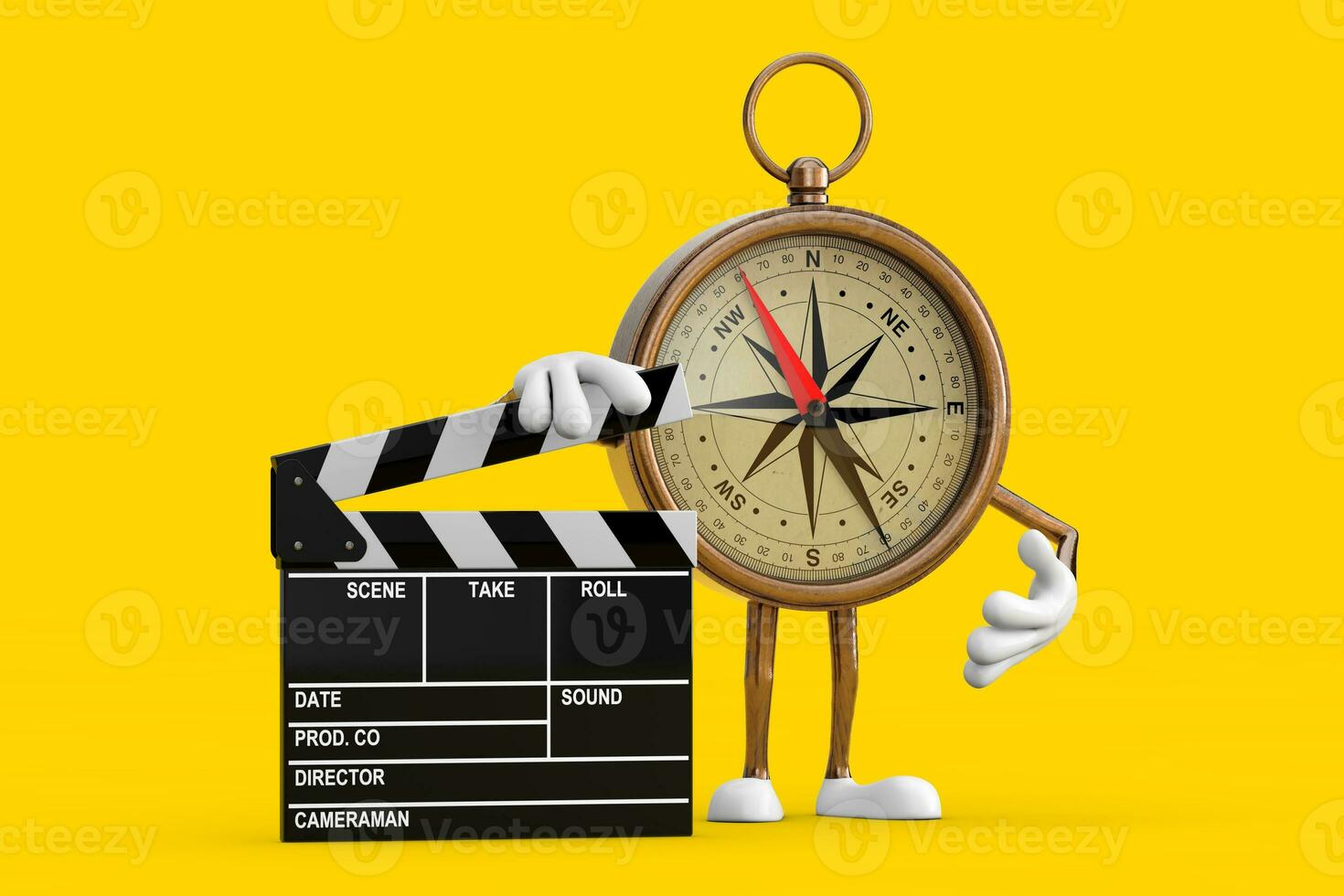 Antique Vintage Brass Compass Cartoon Person Character Mascot with Movie Clapper Board. 3d Rendering photo