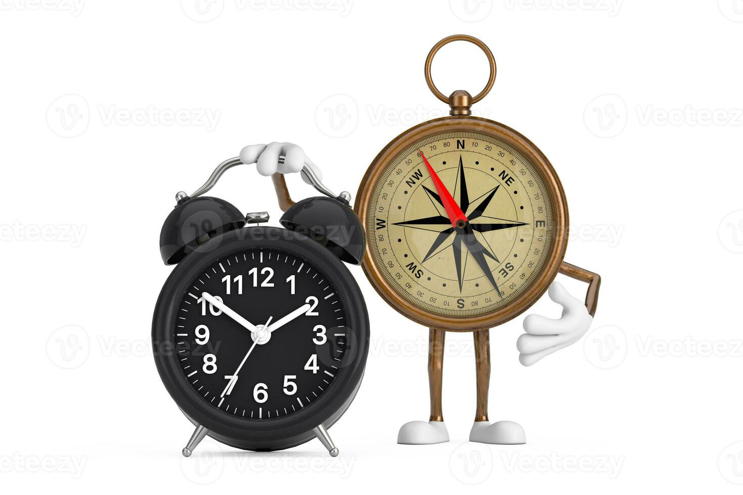 Antique Vintage Brass Compass Cartoon Person Character Mascot  with Alarm Clock. 3d Rendering photo